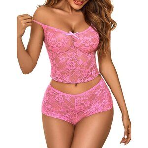 🆕Women Pink Lace Bra and Panty Set V Neck Baby doll 2 Piece Mesh Bralette Set
